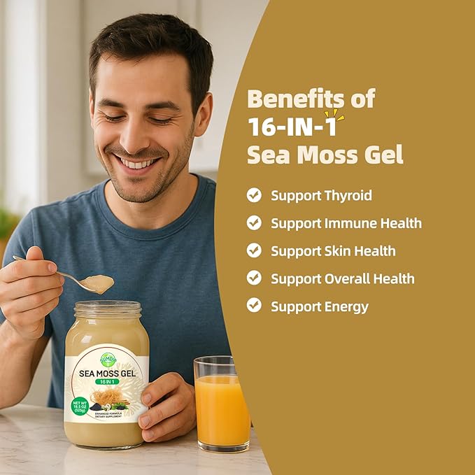 Sea Moss Gel 16 in 1 - Irish Sea MossGel 18.5OZ with Wildcrafted SeamossGel, Black Seed Oil, Burdock Root, Ashwagandha, Bladderwrack - Rich in Vitamins & Minerals - Non-GMO & Natural