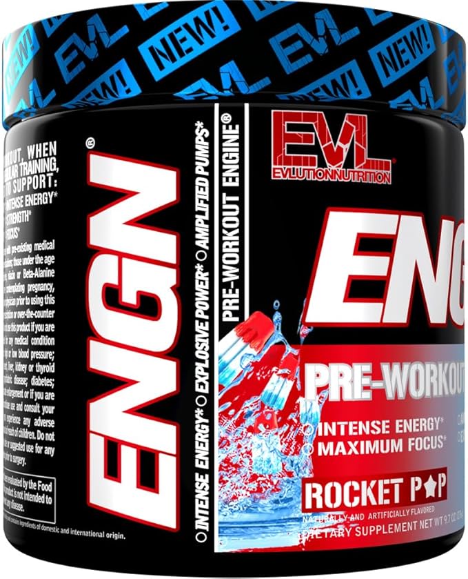 EVL Intense Pre Workout with Creatine - ENGN Energizing Pre Workout for Men Powder Drink for Lasting Energy Focus and Recovery - with Beta Alanine Caffeine and L Theanine - Rocket Pop