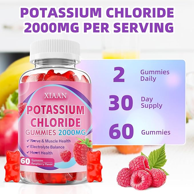 Potassium Gummies for Women & Men, High Dose 2000mg Potassium Chloride Supplement Gummies for Leg Cramps & Electrolyte Balance, Vegan/Sugar-Free/Gluten Free, Raspberry Flavor 120 Count