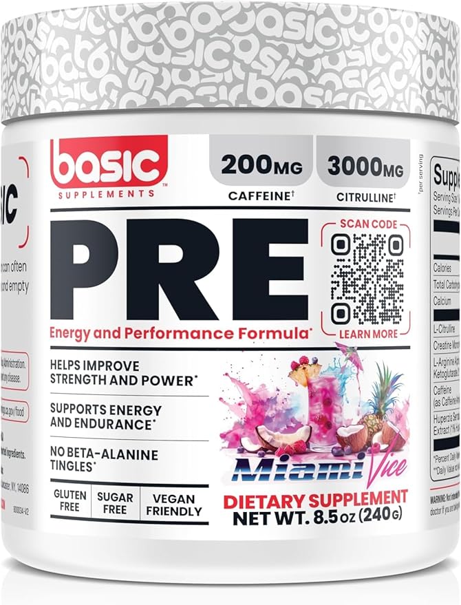 Pre-Workout with 200mg Caffeine and 3000mg Citrulline for Energy, Focus, and Strength Support, No Beta-Alanine Tingles, Vegan, Gluten-Free, Sugar-Free (30 Servings, Miami Vice)