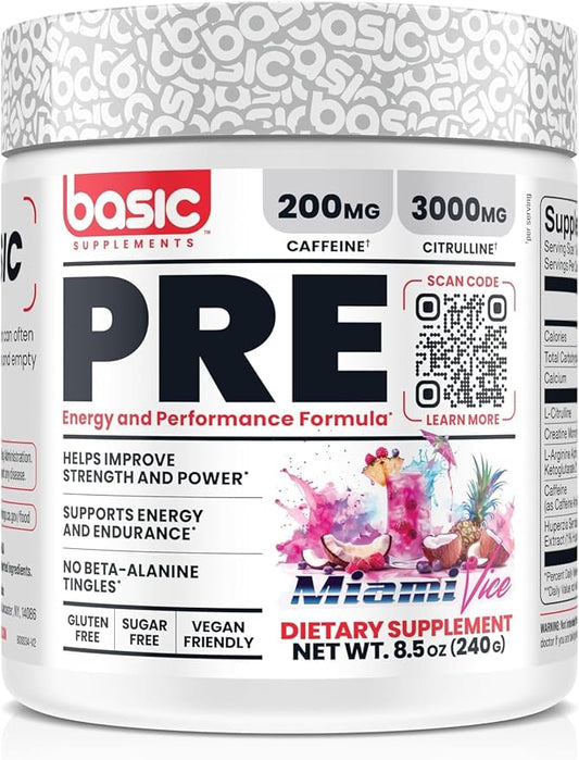 Pre-Workout with 200mg Caffeine and 3000mg Citrulline for Energy, Focus, and Strength Support, No Beta-Alanine Tingles, Vegan, Gluten-Free, Sugar-Free (30 Servings, Miami Vice)
