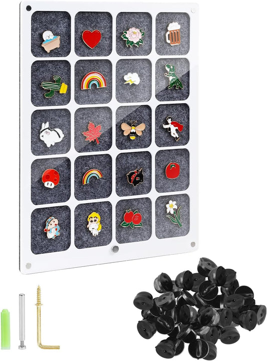 UCEC 20 Grids Clear Acrylic Pin Display Board & 50 PCS Rubber Pin Backs, Pins Organizer Board Enamel Pin Board Display Case, Dust-Free Pin Collection Display, Tabletop & Wall Pin Holder Display