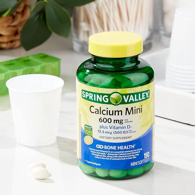Spring Valley Calcium 600 mg Plus Vitamin D3 Dietary Supplement, 150 Mini Softgels | Small Calcium Pills Easy to Swallow | Calcium Softgels |