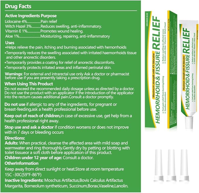 Hemorrhoids and Fissure Relief Cream,Hemorrhoid Ointment for Hemorrhoid Treatment Fast Acting Relief of Pain, Swelling