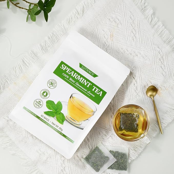 Premium 60 Spearmint Tea Bags, Made with 100% Pure Natural Spearmint Leaves, Caffeine Free & No Additives.