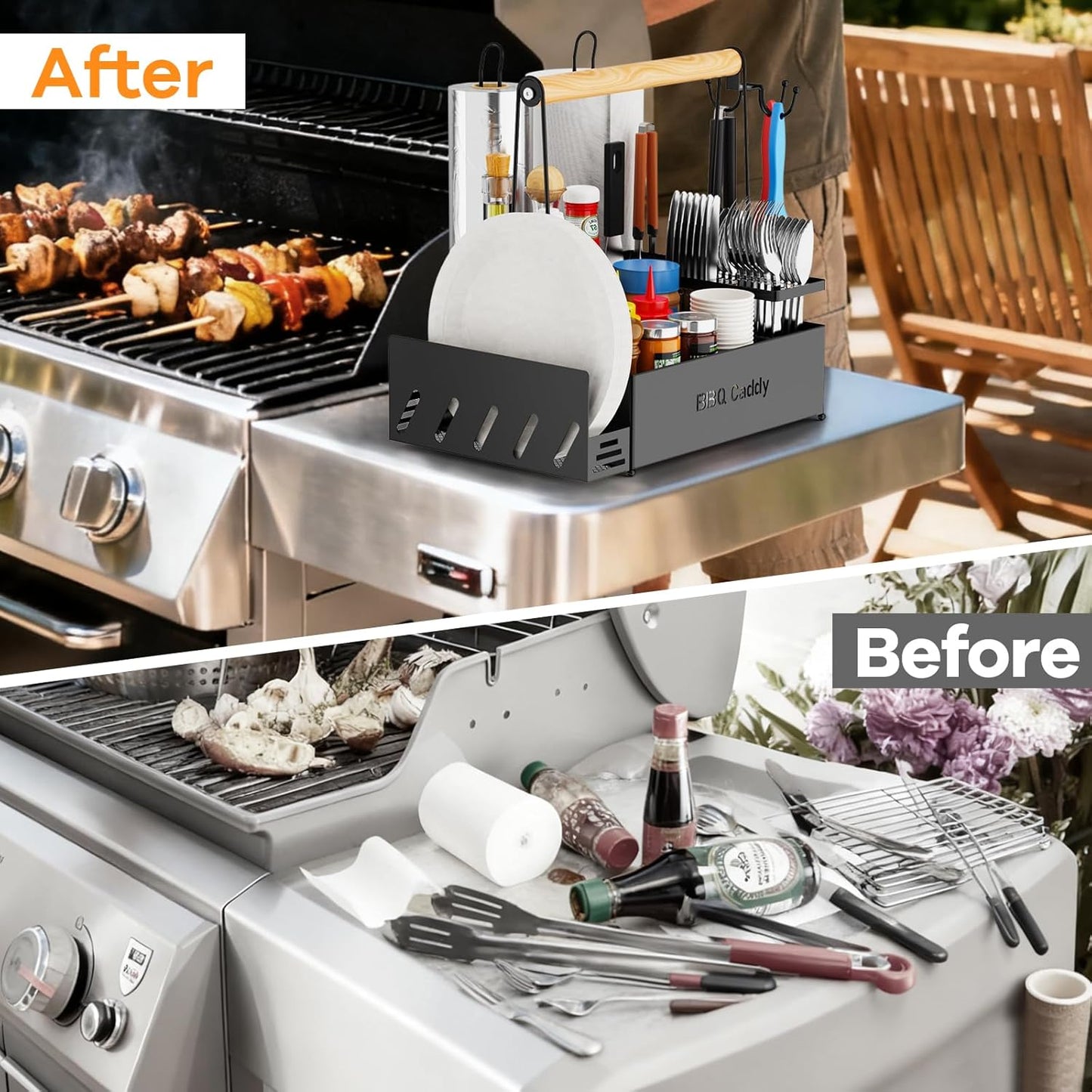 Grill Caddy, BBQ for Outdoor Grill with 2 Paper Towel Holders, Picnic BBQ Condiment Utensil Organizer Caddy for Outdoor Cooking, Rv, Camping Essential, Camper Must Haves,Gifts for Men