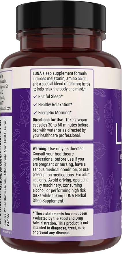 Nested Naturals Luna Sleep Aid - Non-Habit Forming Natural Sleeping Pills for Adults with Naturally Sourced Ingredients - Valerian Root, Melatonin, Chamomile, Lemon Balm, and More - 120 Vegan Capsules
