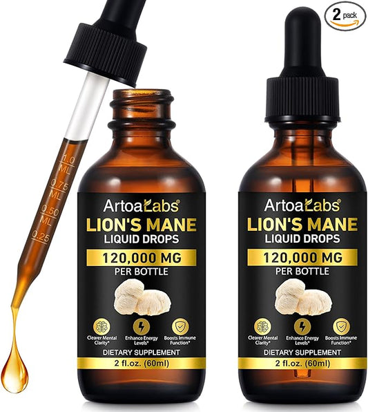 Lions Mane Mushroom Drops - 2Pack, Brain Supplement 120,000 MG, Brain Vitamins, Enhance Memory & Focus & Immunity, 4 Oz