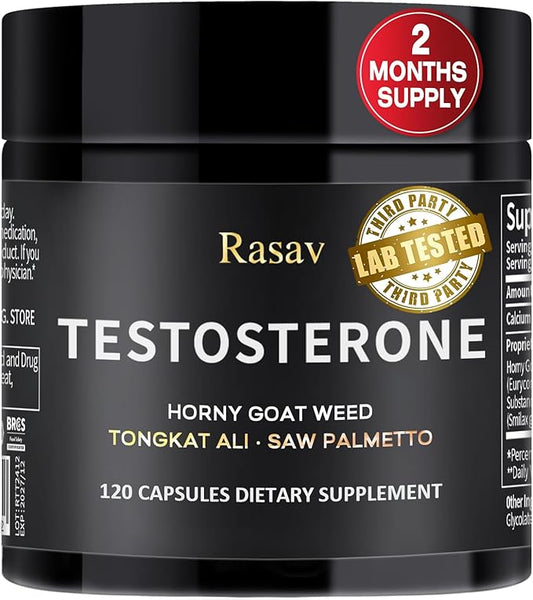 Rasav Horny Goat Weed and Tongkat Ali Supplement for Men, Testosterone Booster Supplement for Men, Male Enhancing Supplements, Supports Muscle Growth, Strength, Energy and Stamina, 120 Capsules