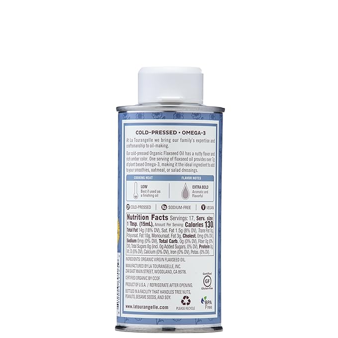La Tourangelle, Organic Flaxseed Oil, Essential Omega-3 to Improve Heart Health, Vegan, Non-GMO, Gluten-Free, Kosher, Cast Iron Seasoning, 8.45 Fl Oz
