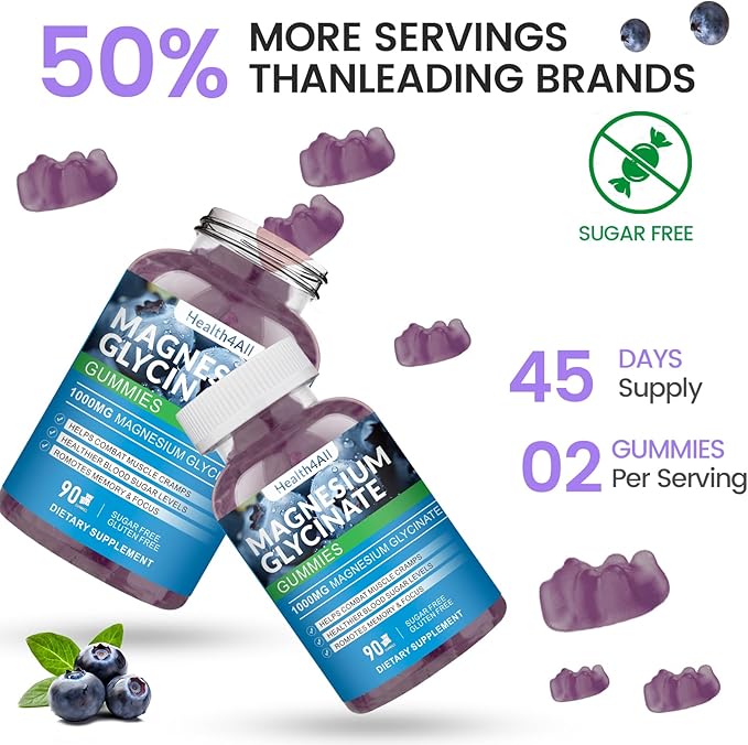 Magnesium Glycinate Gummies 1000mg, High Absorption Sugar Free Magnesium Potassium Supplement for Relaxation, Stress Relief, and Sleep Support for Adults & Kids (Blueberry)