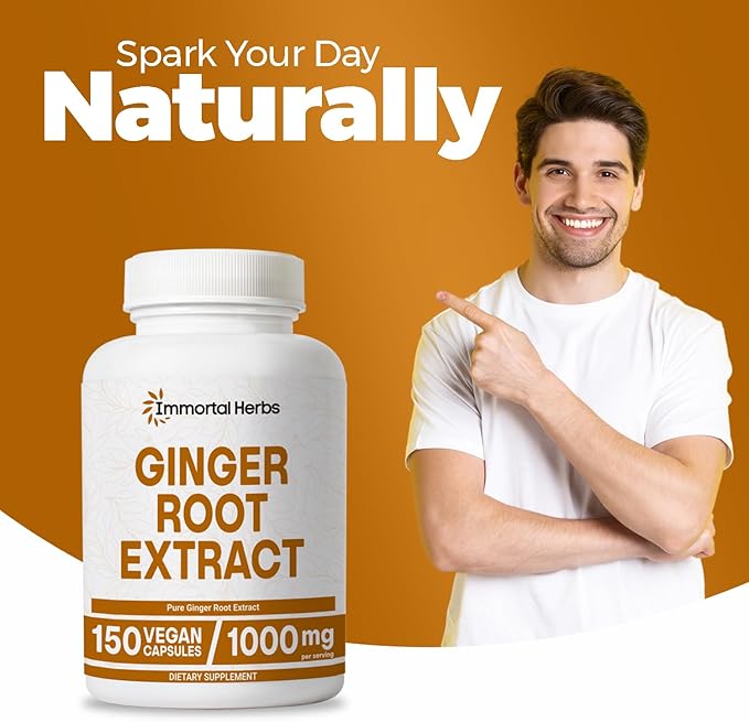 Ginger Root Capsules 1000mg, 4:1 Extract Powder, 150 Pills, Vegan, Non-GMO and Gluten-Free Ginger Supplement for Men and Women, 2 Month Supply