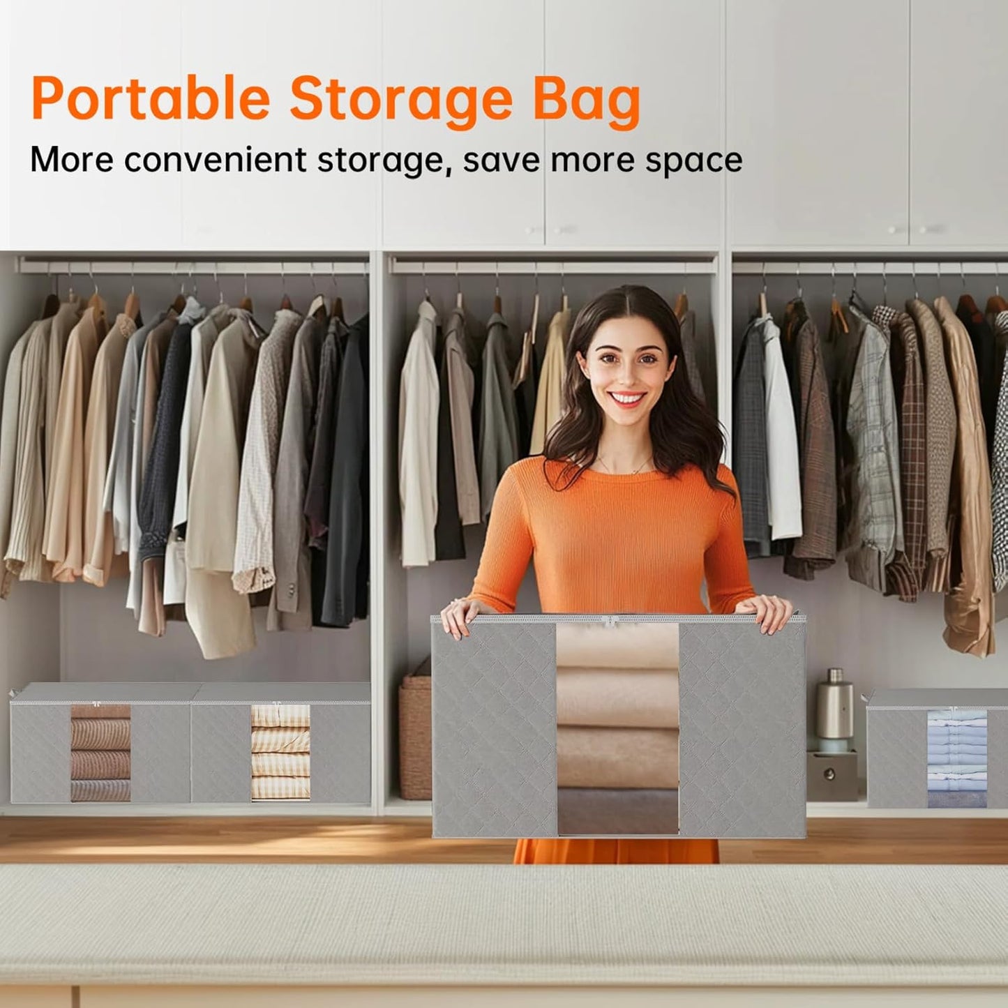 6 Pack Clothes Storage Bags - 90L Blanket Organizers and Storage for Closet Large Storage Bins with Lids and Zipper Storage Containers for King Comforter, Pillow and Sweater (Grey, 6 Pack)