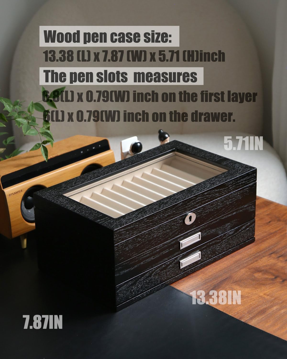 wood pen display case 36 slot Fountain pen Box storage Organizer with drawer, Top Glass Window Pen Collection Display Case