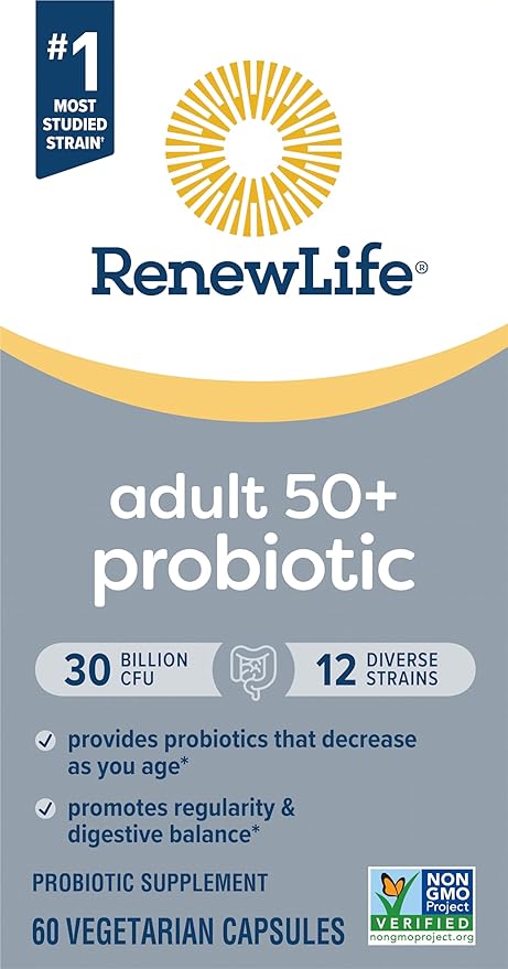 Renew Life Probiotic Adult 50 Plus Probiotic Capsules, Daily Supplement Supports Urinary, Digestive and Immune Health, L. Rhamnosus GG, Dairy, Soy and gluten-free, 30 Billion CFU, 60 Count