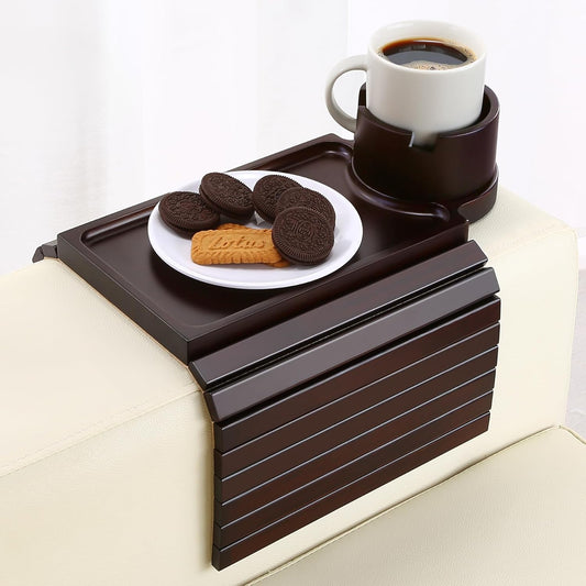 Couch Cup Holder Tray, 3 in 1 Large Couch Arm Trays,Bamboo Chair Clip on Tray with 360° Ratated Phone Cup Holder for Couch,Snacks,Remote,Phone-Black Walnut
