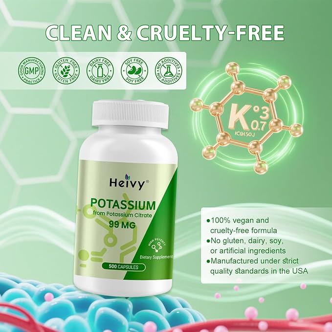 Potassium Citrate 99mg – 500 Capsules | Potassium Supplement for Electrolyte Support | Vegan, Gluten-Free| Lab Tested | Made in USA