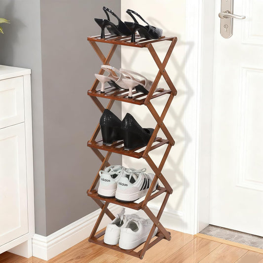 Bamboo Shoe Rack 5 Tier Foldable Shoe Rack Vertical Bamboo Shoe Organizer Free Standing Shelf for Entryway, Closet, Bedroom, Walnut Color