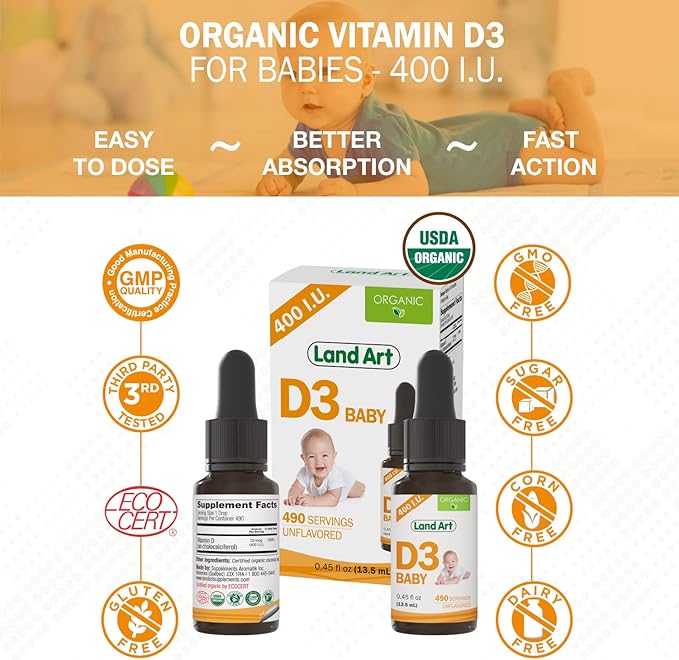 Land Art - Certified Organic Vitamin D3 Drops Baby – 400 IU per Drop – 490 Servings – Supports Bone & Teeth Development – Vitamin D Drops for Infants & Toddlers – GMO-Free - Gluten-Free – 2x0.45 fl oz