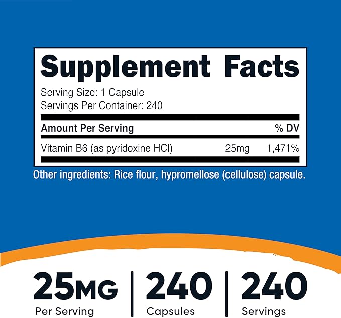 Nutricost Vitamin B6 (Pyridoxine HCl) 25mg, 240 Capsules - Non-GMO, Gluten Free and Vegetarian Friendly