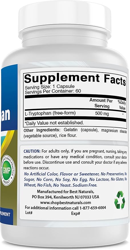 Best Naturals L-Tryptophan 500 mg 60 Capsules (60 Count (Pack of 2))