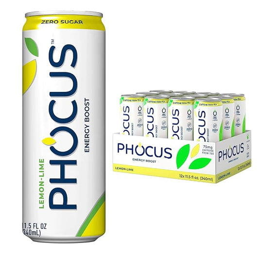 PHOCUS Caffeinated Sparkling Water, Lemon Lime, 75mg Natural Caffeine Plus L-Theanine, Zero Sugar, Zero Calories, No Artificial Sweeteners, 11.5 fl oz Cans (Pack of 12)