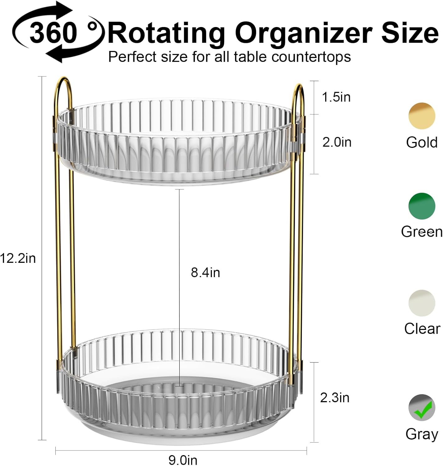 GTI 360°Rotating Makeup Organizer, 2 Tier Bathroom Counter Organizer,Large Capacity Perfume Cosmetics Skincare Vanity Organizers, Dresser Spinning Countertop Organizer and Storage for Women (Grey)