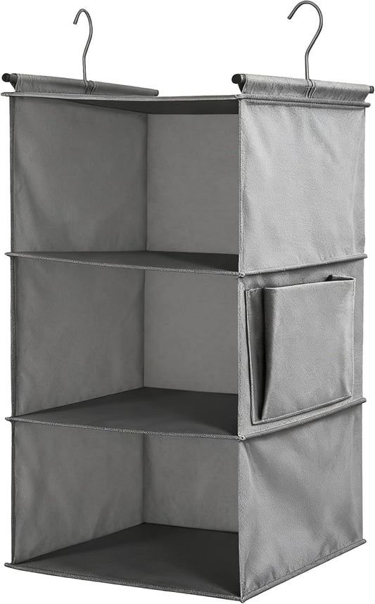 3-Tier Hanging Closet Organizer - Foldable Hanging Shelves for Closet, Space Saver Storage for Clothes, Sweaters, Shoes, Handbags & Accessories, Easy Setup, Grey