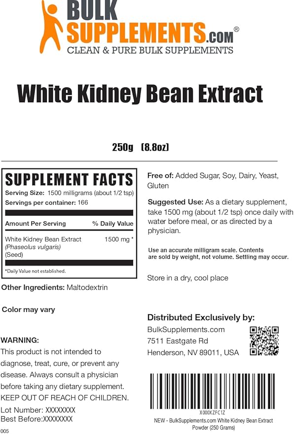 BulkSupplements.com White Kidney Bean Extract Powder - White Kidney Bean Powder - Herbal Supplement - Gluten Free, 1.5g per Serving, 250g (8.8 oz) (Pack of 1)