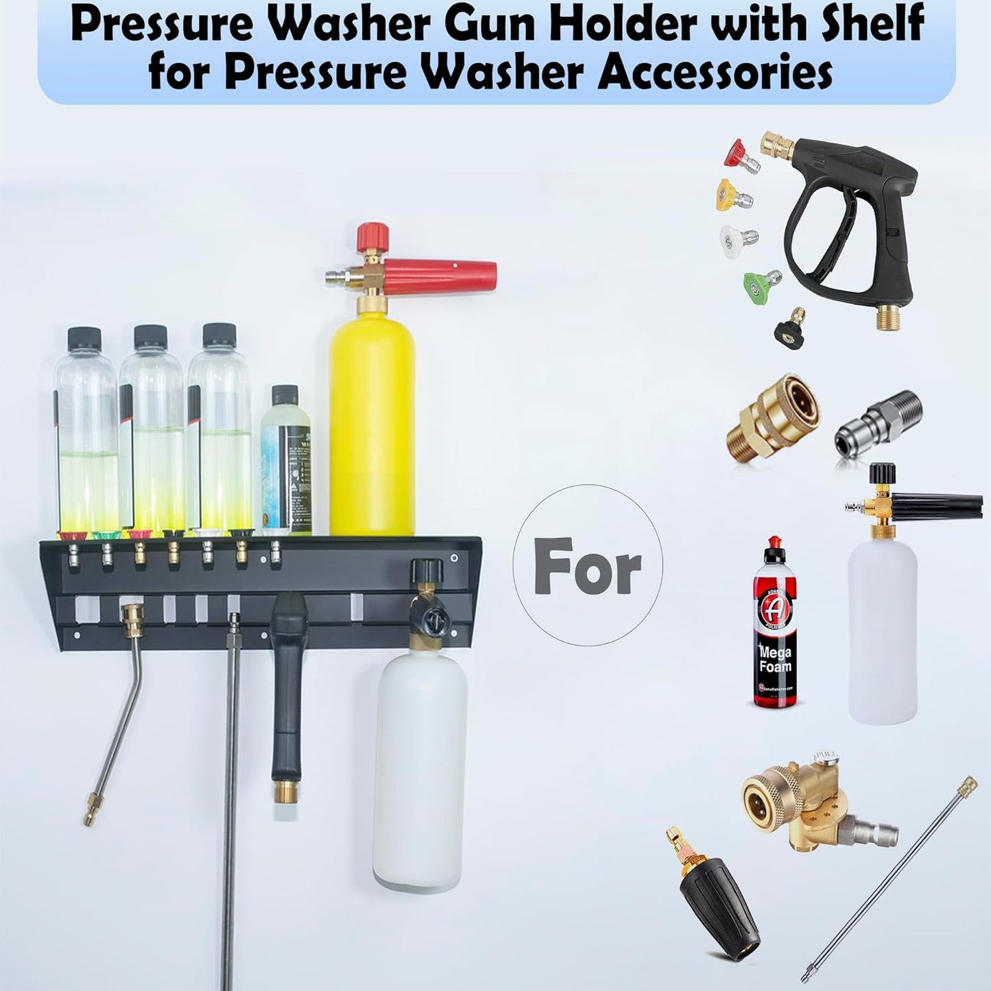 Pressure Washer Gun Holder with Shelf,Foam Cannon Holder for Pressure Washer Wand,Pressure Washers Nozzle Tips,Soap Bottle Holder, pressure washer parts & accessories & attachments Storage Rack