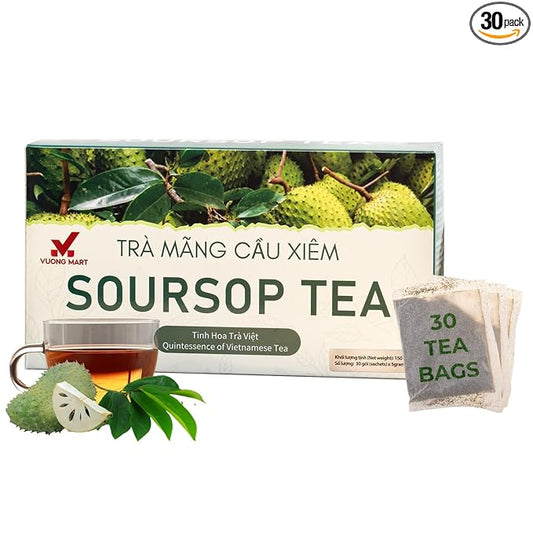 VUONGMART Dried Soursop Leaf Tea, 100% Pure & Hand Pick, Organic Herbal Tea, 30 Count, Gluten Free, Dairy Free, No Sugar Added, Energy Boost & Health Support