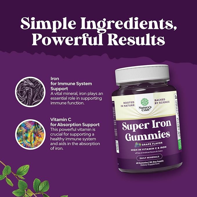 Extra Strength Iron Gummies for Women and Men - Potent 45mg per Serving Chewable Iron Supplement for Women & Men with Vitamin C Higher Absorption - Vegan Daily Gummy Adults (60 Servings)