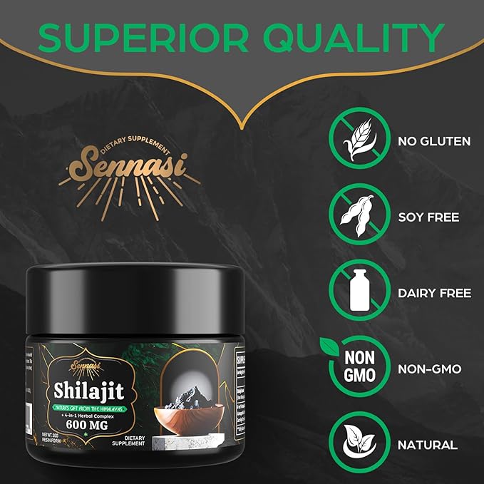 Sennasi 600 MG Shilajit Resin - Shilajit Supplement with Fulvic Acid & 85+ Trace Minerals for Energy, Immunity, Brain Power, 60 Grams