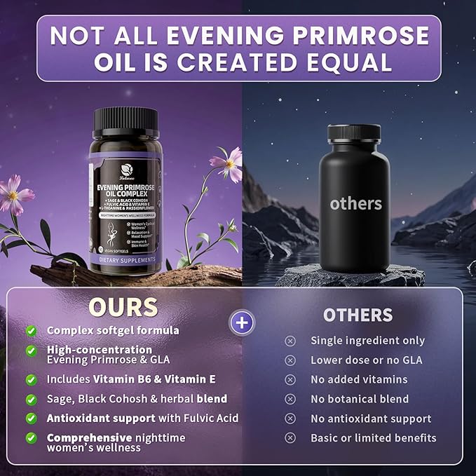 Evening Primrose Oil Complex for Women – Hormone Wellness with Cold-Pressed EPO, 10% GLA, Sage, Fulvic Acid, L-Theanine – Supports Cyclical Balance, Mood, Skin & Immune Health, 90 Softgels
