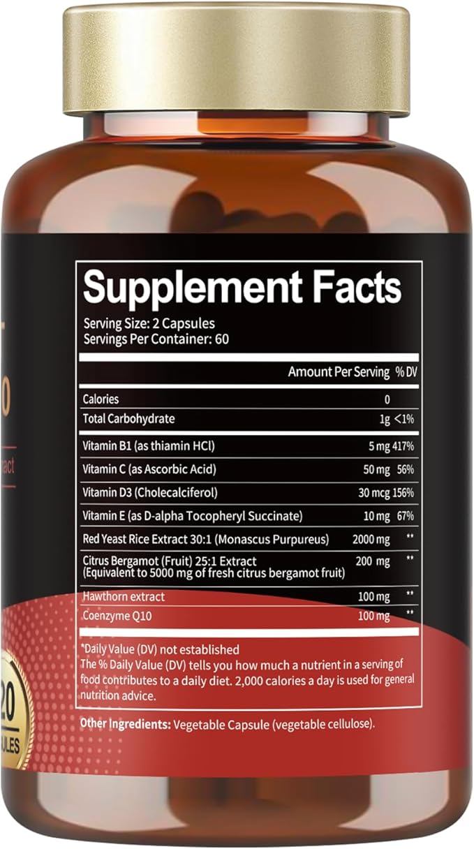 Red Yeast Rice 2,000mg with CoQ10 Supplement - Citrinin-Free Extract Red Yeast Rice Capsules with CoQ10 100 Plus Citrus Bergamot - Cholesterol Lowering Supplements 3rd-Party Tested Vegan Non-GMO