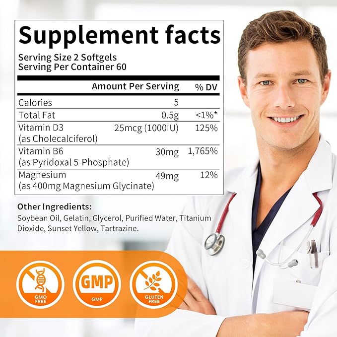 Magnesium Supplement Softgels, Easy Absorption Magnesium Glycinate 400mg with Vitamin B6,D3, High Bioavailability Magnesium for Sleep & Calm Support, Nervous, Muscle & Bone Health,180count
