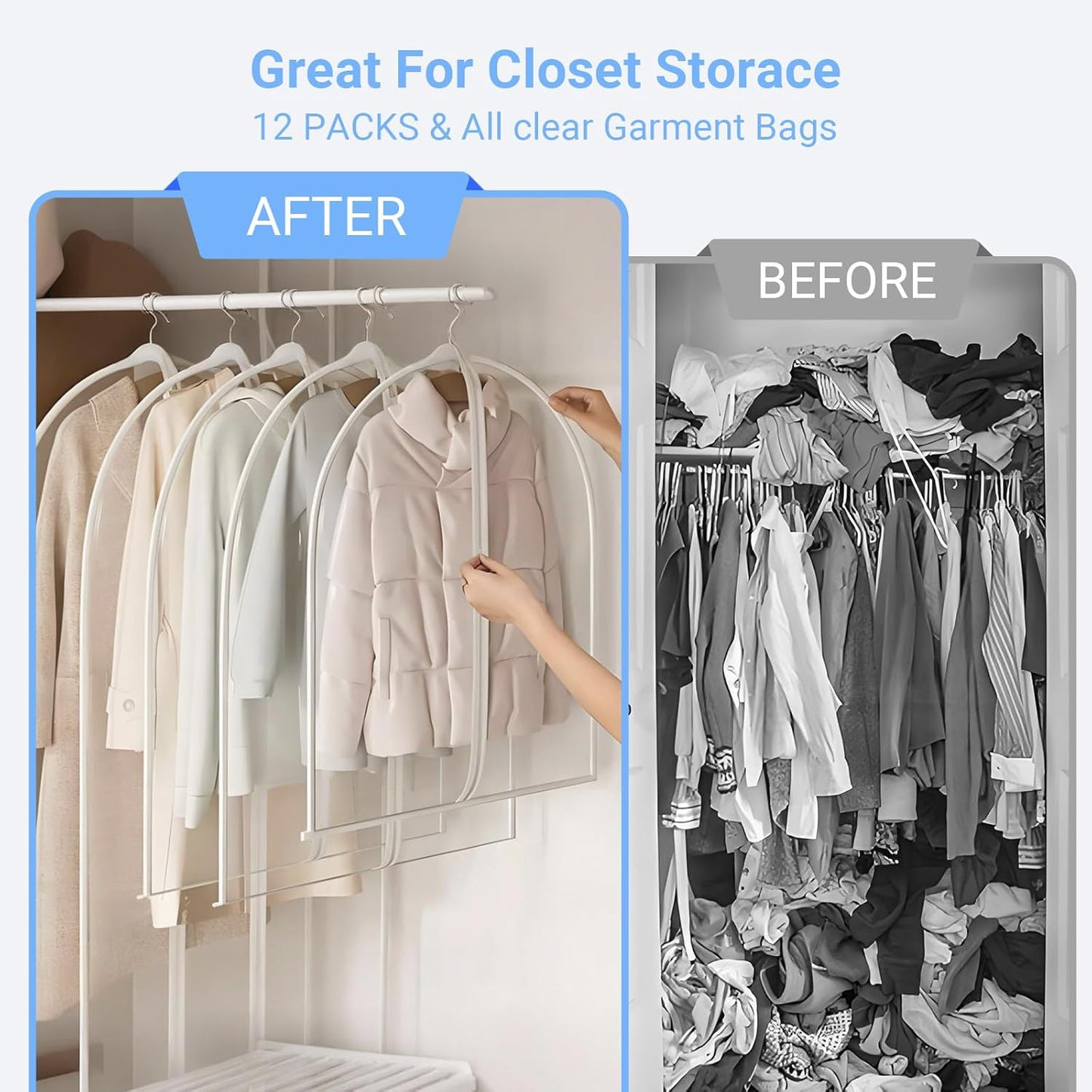 Garment Bags for Hanging Clothes 24'' x 60'' (Set of 12) Coat Covers for Closet Foldable Washable Dress Bags for Hanging Clothes for Long Dress Dance Costumes Suits Gowns Coats