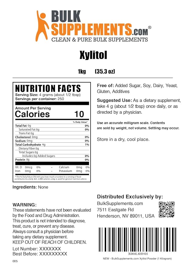 BulkSupplements.com Xylitol Powder - Xylitol Sweetener, Sugar Substitute For Baking & Cooking - Low Calorie & Gluten Free, 4g per Servings, 1kg (2.2 lbs) (Pack of 1)
