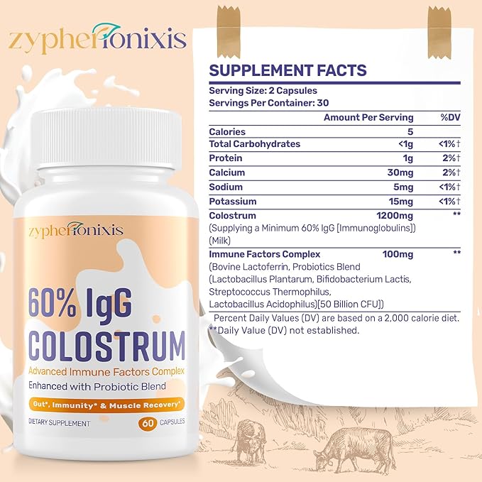 Bovine Colostrum Supplement Capsules 1300mg – Ultra-High 60% IgG + Lactoferrin & Probiotics – Gut, Joint & Immune Wellness – Swiss Grass-Fed Colostrum – 120 Capsules
