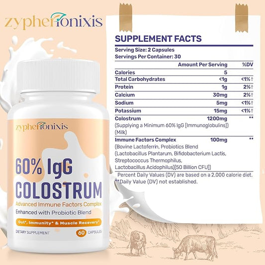 Bovine Colostrum Supplement Capsules 1300mg – Ultra-High 60% IgG + Lactoferrin & Probiotics – Gut, Joint & Immune Wellness – Swiss Grass-Fed Colostrum – 120 Capsules