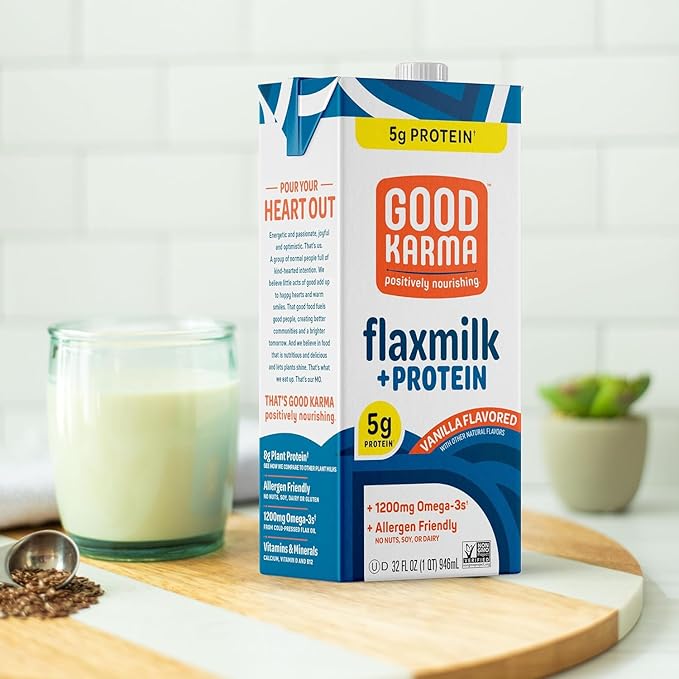 Good Karma Vanilla Flaxmilk +Protein, 32 Ounce (Pack of 6), 5g Plant Protein + 1200mg Omega-3 Per Serving, Plant-Based Non-Dairy Milk Alternative, Lactose Free, Nut Free, Vegan, Shelf Stable