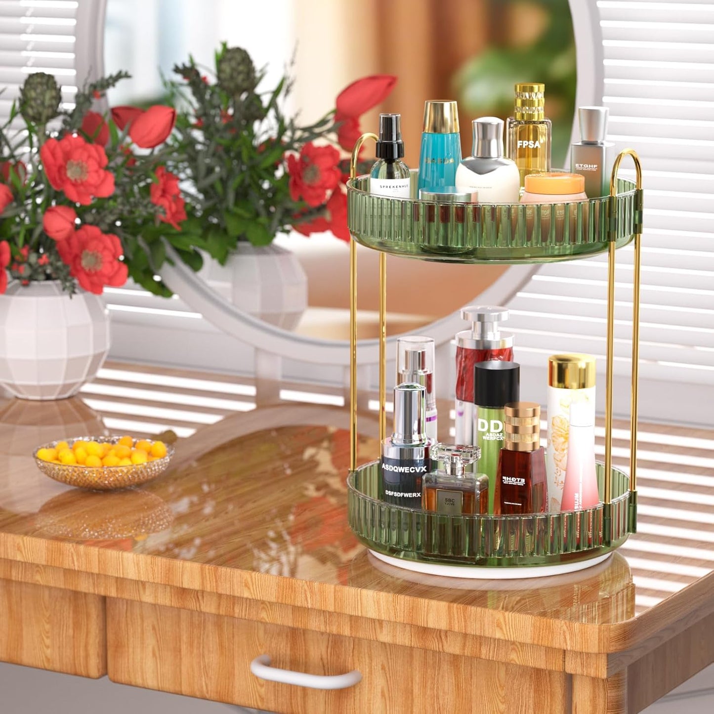 GTI 360°Rotating Makeup Organizer, 2 Tier Bathroom Counter Organizer,Large Capacity Perfume Cosmetics Skincare Vanity Organizers, Dresser Spinning Countertop Organizer and Storage for Women (Green)