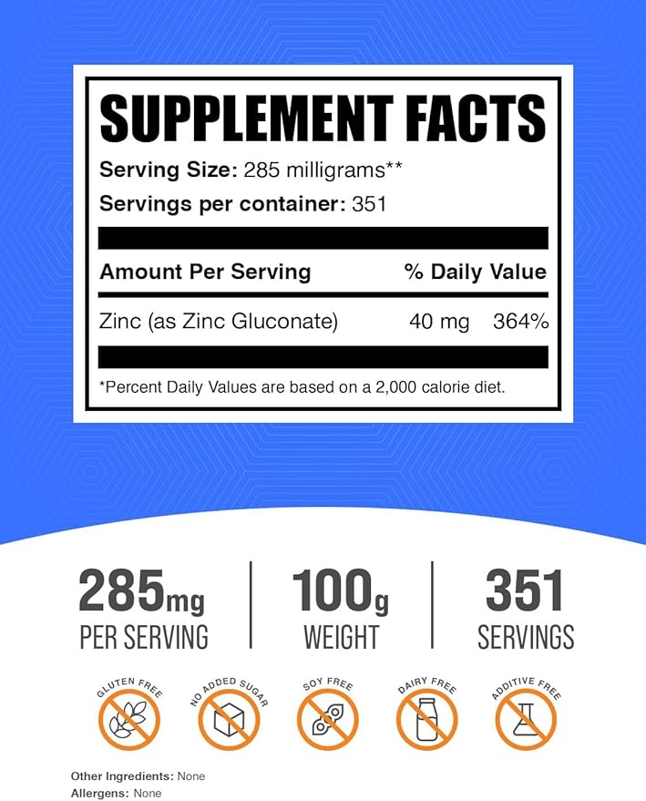 BulkSupplements.com Zinc Gluconate Powder - Zinc 40mg, Mineral Supplement for Immune Support - Gluten Free, 285mg per Serving, 100g (3.5 oz) (Pack of 1)