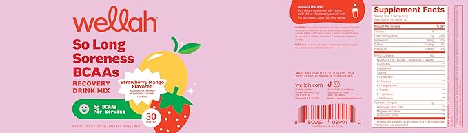 Wellah So Long Soreness BCAA Powder (Strawberry Mango Flavored) 30 Servings - with Hydration Complex