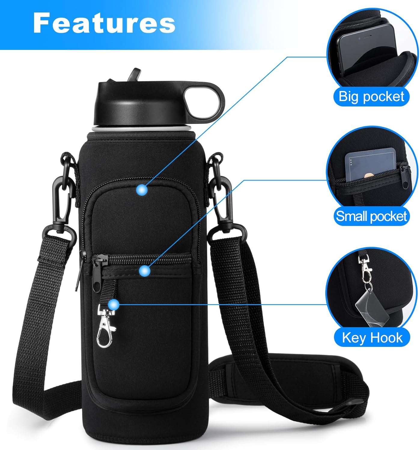 Water Bottle Holder with Strap for Hydroflask 32oz 40oz, Carrier Sling Bag with Phone Pocket Water Bottle Sleeve for Men Women Hiking Camping Travelling