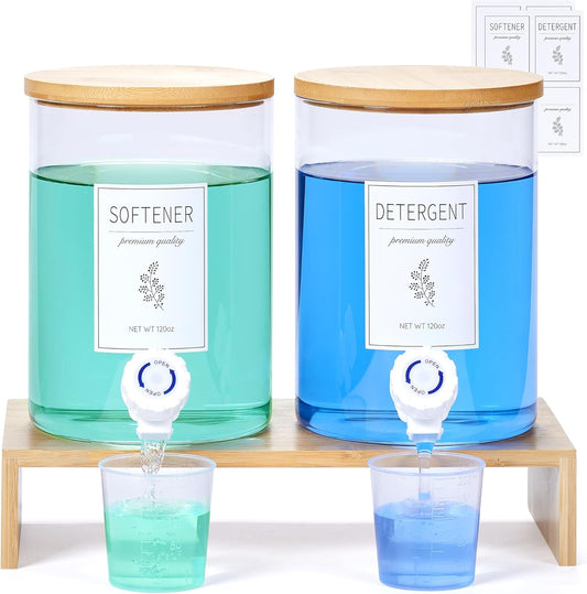 Glass Laundry Detergent Dispenser with Shelf & Bamboo Lid - 120 Oz Liquid Detergent, Laundry Soap & Fabric Softener Dispenser for Laundry Room Organization and Storage with 2 Cups & 8 Labels