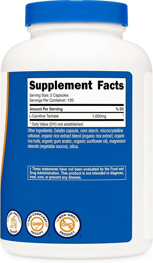 Nutricost L-Carnitine Tartrate 1,000mg, 240 Capsules - 500mg Per Capsule, 120 Servings