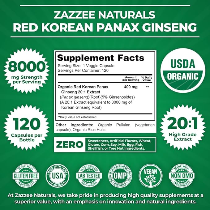 Zazzee USDA Organic Red Korean Panax Ginseng 20:1 Extract, 1000 mg, 5% Ginsenosides, 120 Vegan Capsules, Standardized and Concentrated 20X Root Extract, 100% Vegetarian, All-Natural, Made in The USA