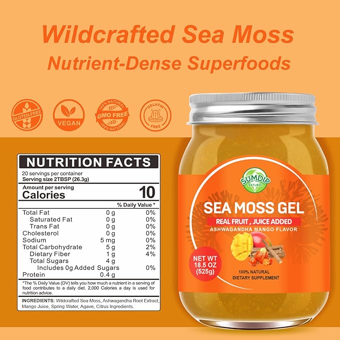Sea Moss Gel, Raw Flavored Irish Seamoss Gel Immune and Digestive Support Vitamin Mineral Supplements, Ashwagandha Mango Flavor 18.5oz