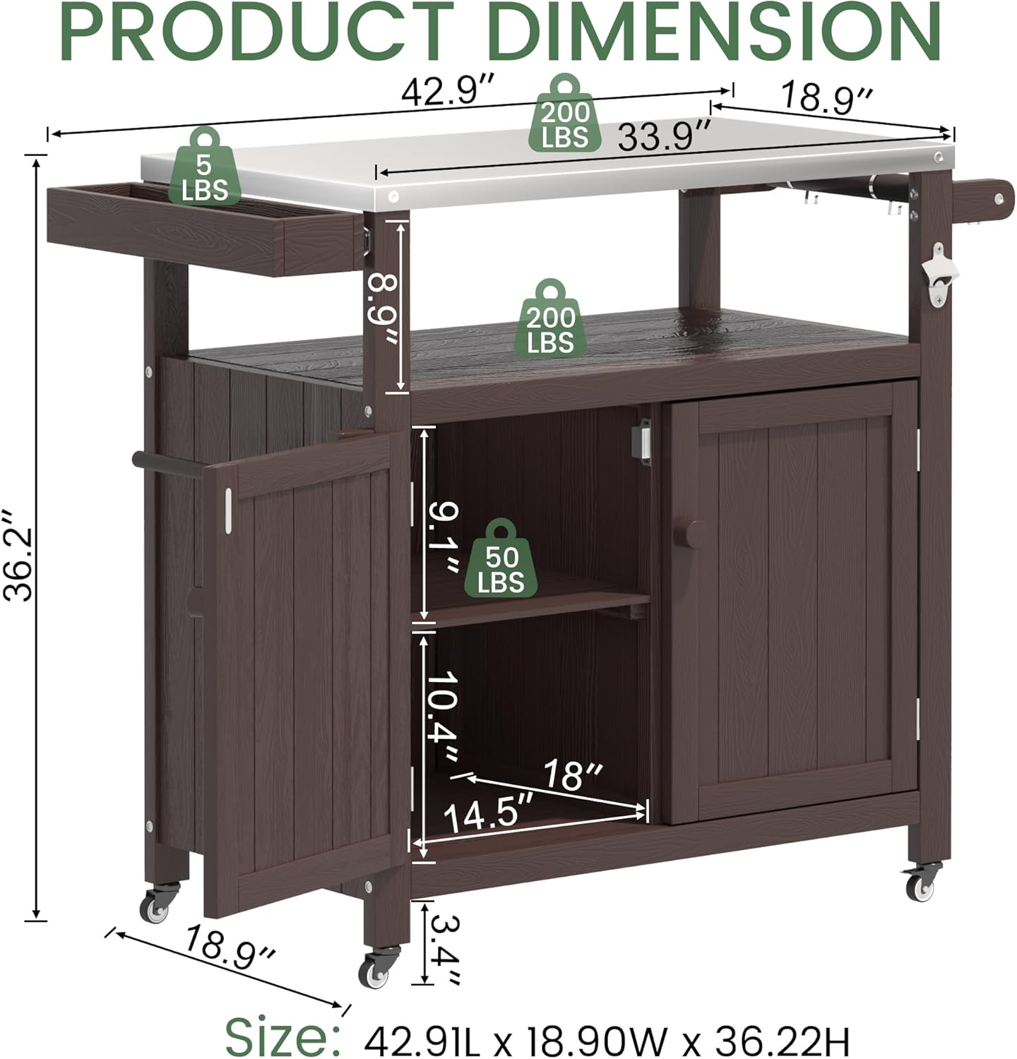 Weatherproof HIPS Outdoor Kitchen Island with Stainless Steel Top & Storage Cabinet, Movable Prep Table with Wheels for BBQ Food Prep, Outdoor Grill Cart for Parties, Brown
